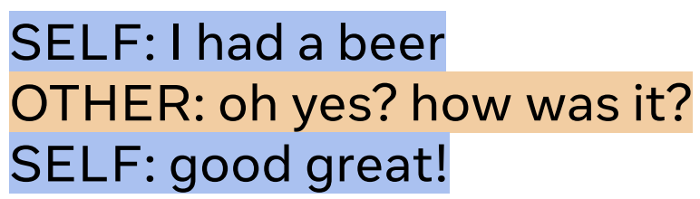 SELF: I had a beer OTHER: oh yes? how was it? SELF: good great!